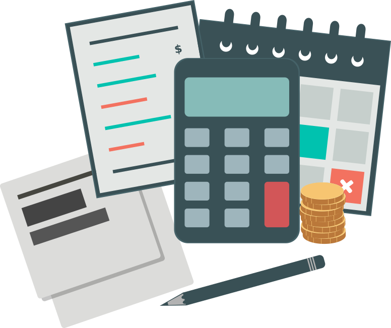 Image of calculator, calender, sticky notes,notebook and pencil